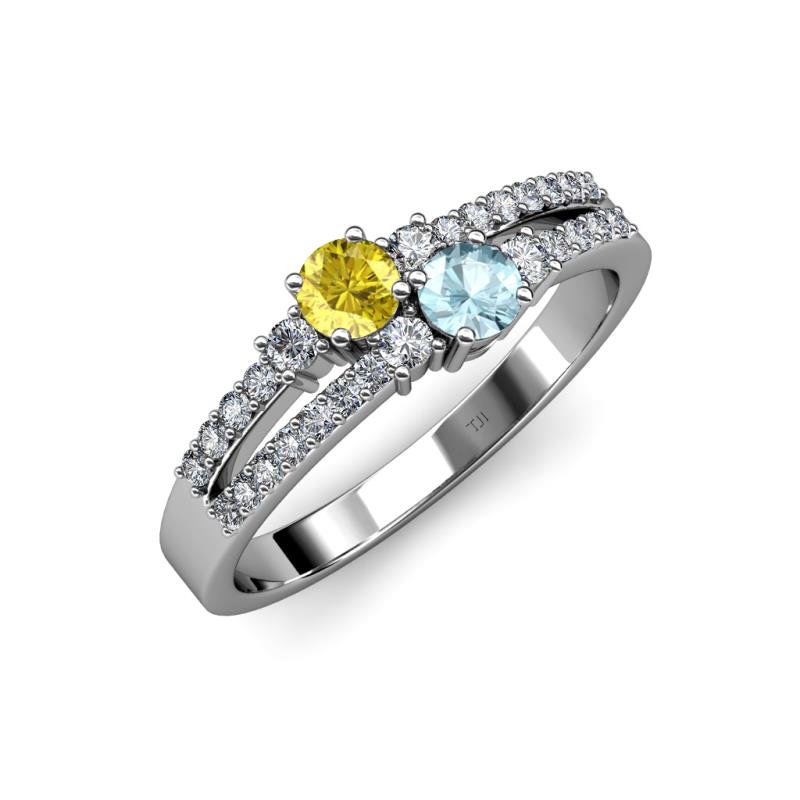 Zaira Yellow Sapphire and Aquamarine with Side Diamonds Split Shank Ring 