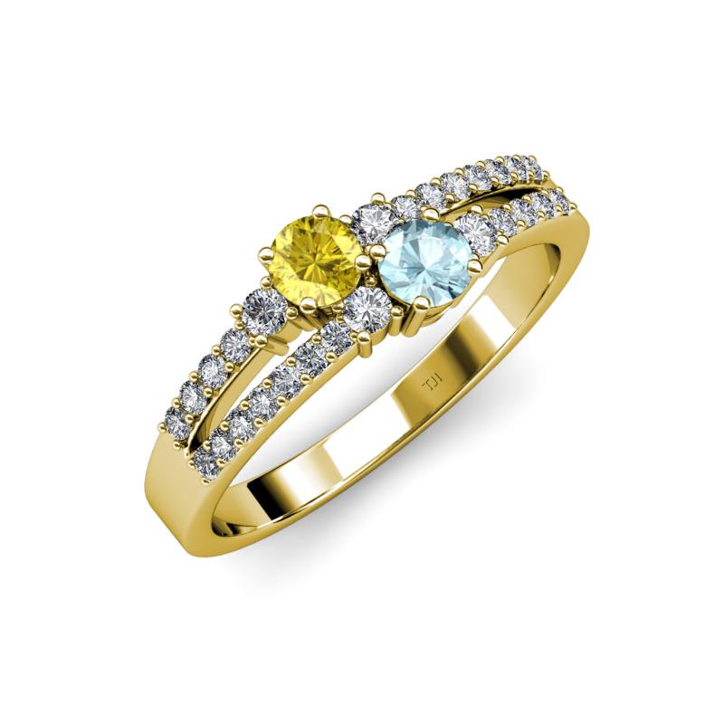 Zaira Yellow Sapphire and Aquamarine with Side Diamonds Split Shank Ring 