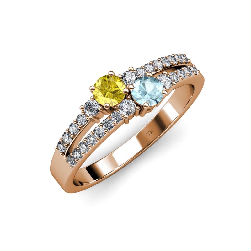 Zaira Yellow Sapphire and Aquamarine with Side Diamonds Split Shank Ring 
