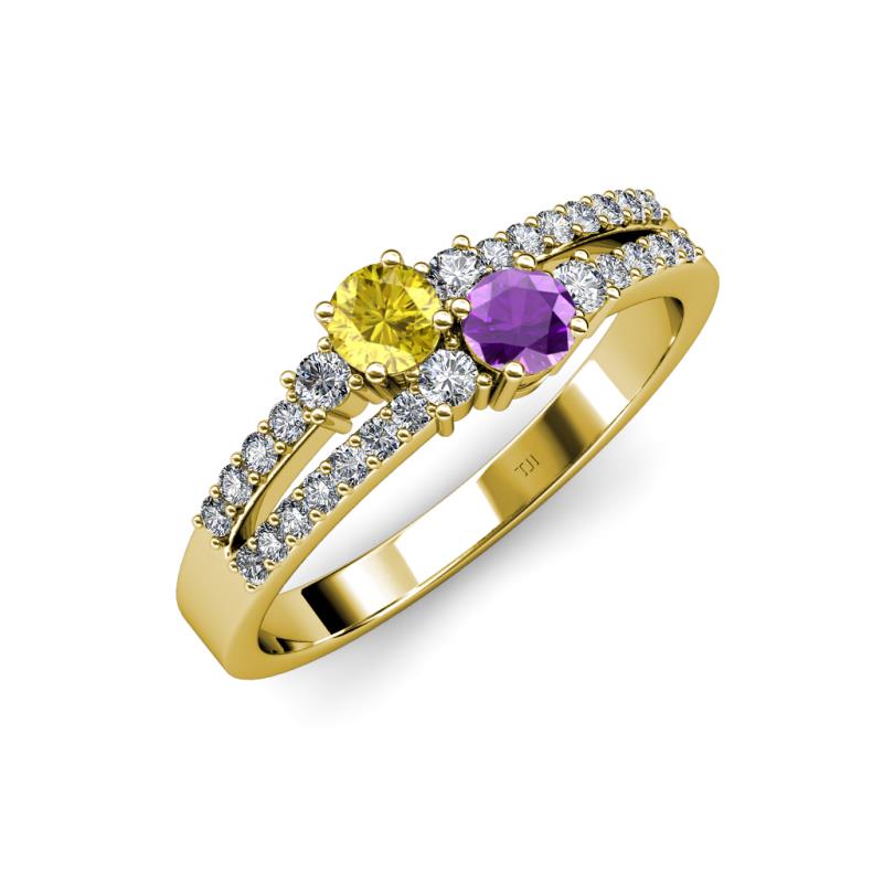 Zaira Yellow Sapphire and Amethyst with Side Diamonds Split Shank Ring 
