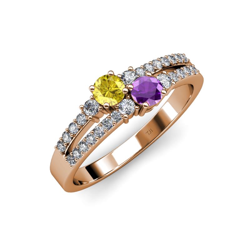 Zaira Yellow Sapphire and Amethyst with Side Diamonds Split Shank Ring 