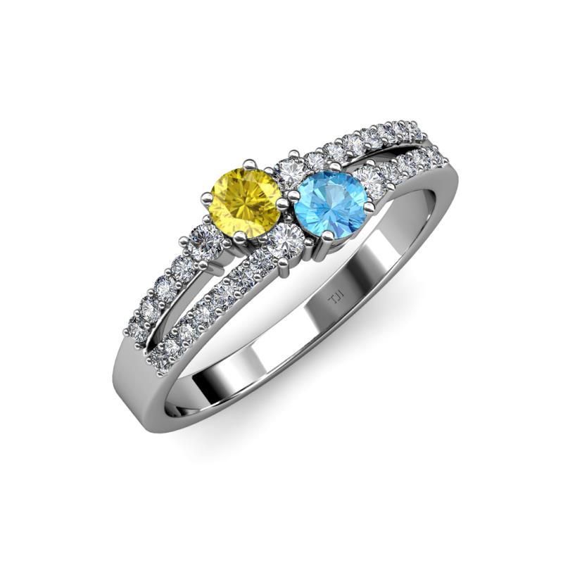 Zaira Yellow Sapphire and Blue Topaz with Side Diamonds Split Shank Ring 