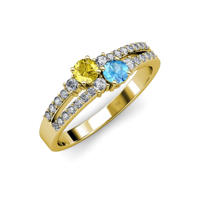 Zaira Yellow Sapphire and Blue Topaz with Side Diamonds Split Shank Ring 