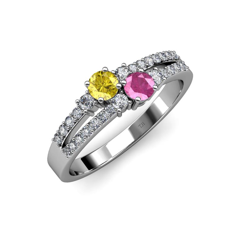 Zaira Yellow and Pink Sapphire with Side Diamonds Split Shank Ring 