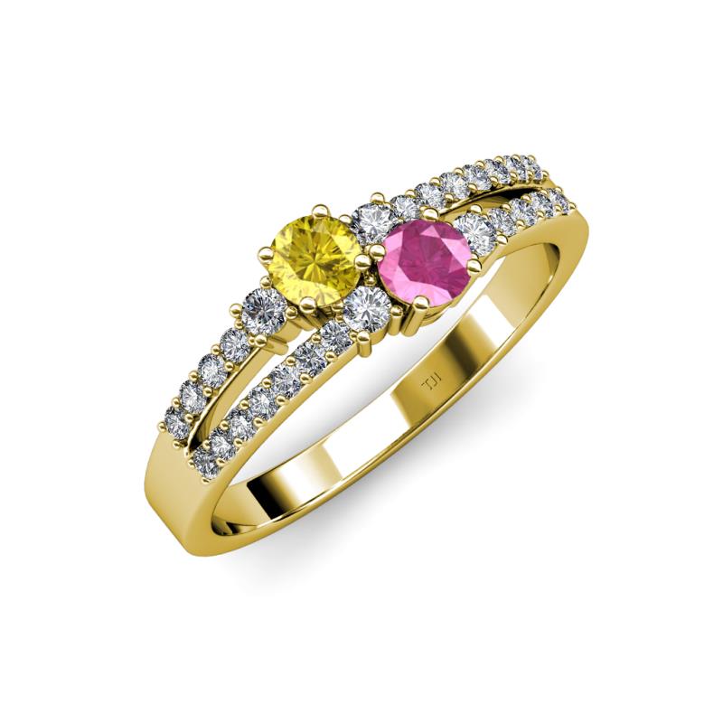 Zaira Yellow and Pink Sapphire with Side Diamonds Split Shank Ring 