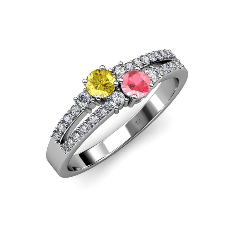 Zaira Yellow Sapphire and Pink Tourmaline with Side Diamonds Split Shank Ring 