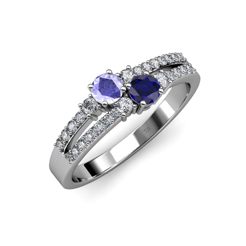 Zaira Tanzanite and Blue Sapphire with Side Diamonds Split Shank Ring 