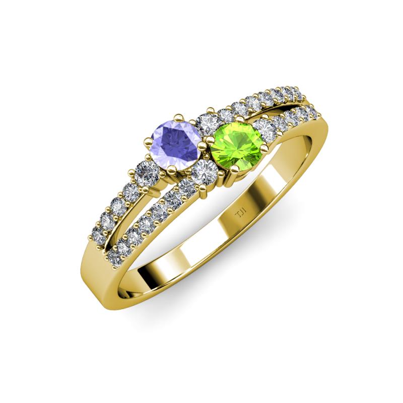 Zaira Tanzanite and Peridot with Side Diamonds Split Shank Ring 