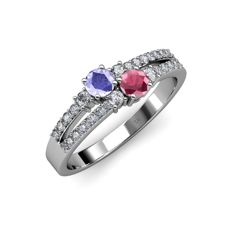 Zaira Tanzanite and Rhodolite Garnet with Side Diamonds Split Shank Ring 