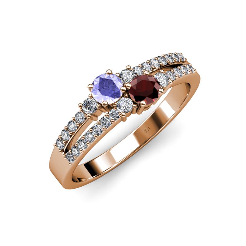 Zaira Tanzanite and Red Garnet with Side Diamonds Split Shank Ring 
