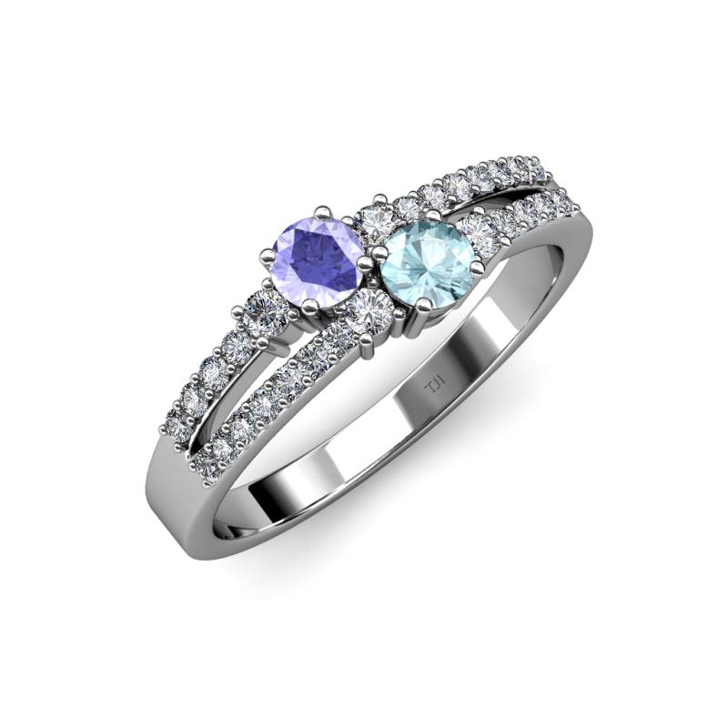 Zaira Tanzanite and Aquamarine with Side Diamonds Split Shank Ring 