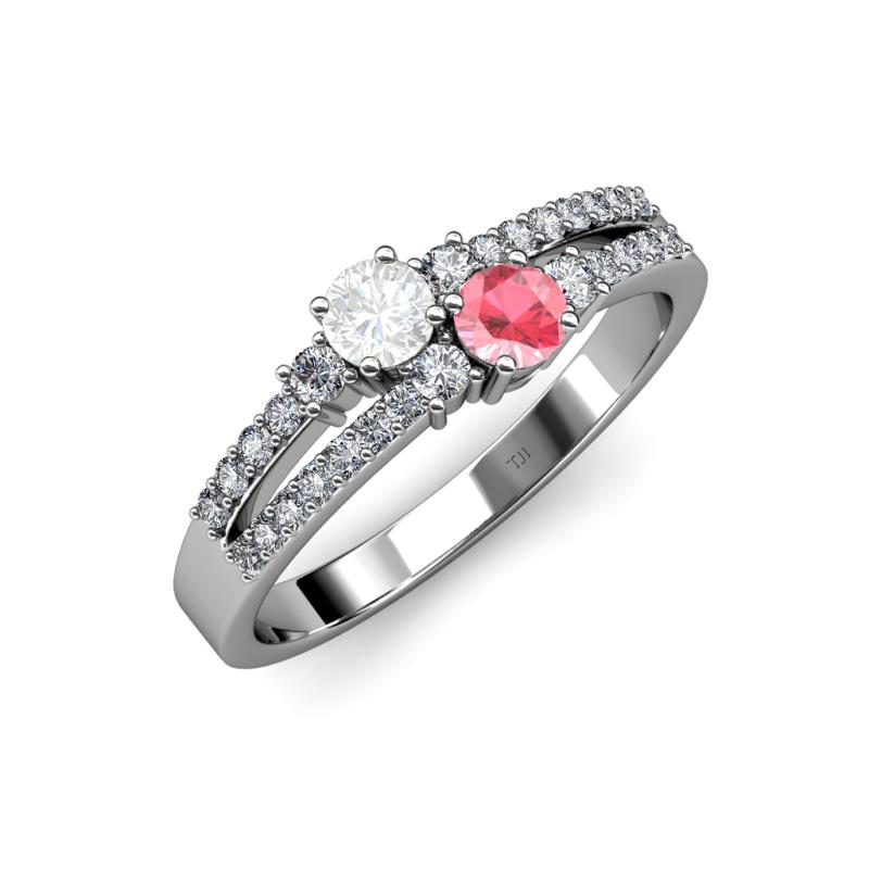 Zaira White Sapphire and Pink Tourmaline with Side Diamonds Split Shank Ring 