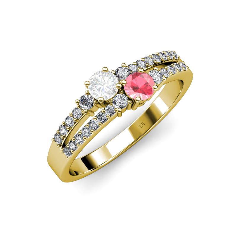 Zaira White Sapphire and Pink Tourmaline with Side Diamonds Split Shank Ring 