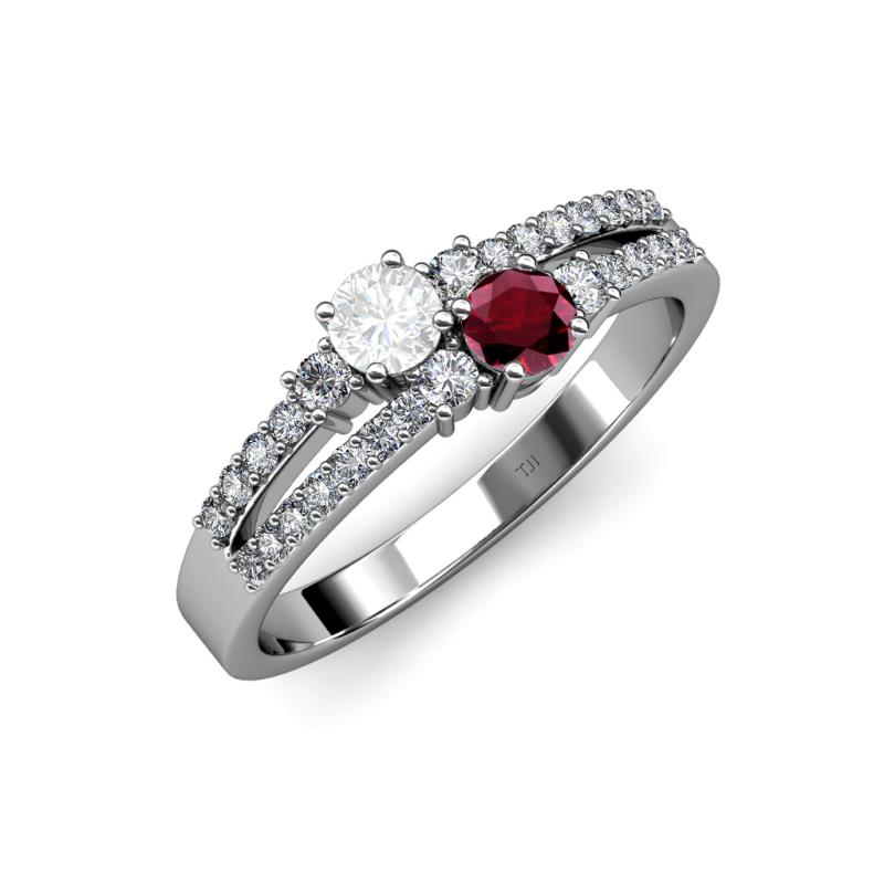 Zaira White Sapphire and Ruby with Side Diamonds Split Shank Ring 