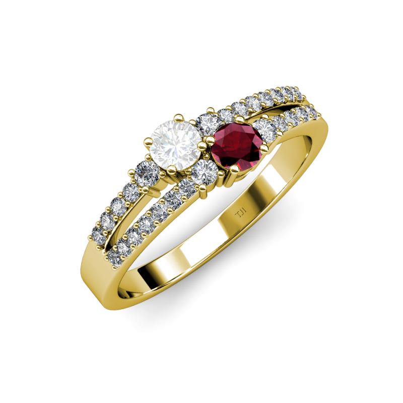 Zaira White Sapphire and Ruby with Side Diamonds Split Shank Ring 