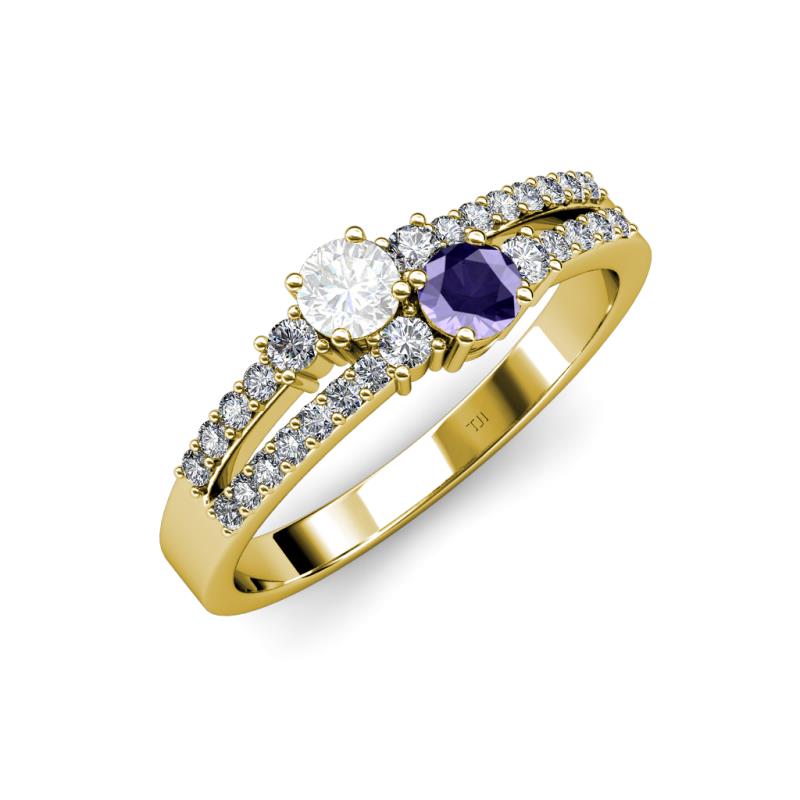 Zaira White Sapphire and Iolite with Side Diamonds Split Shank Ring 
