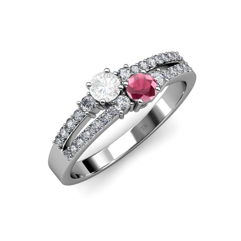 Zaira White Sapphire and Rhodolite Garnet with Side Diamonds Split Shank Ring 