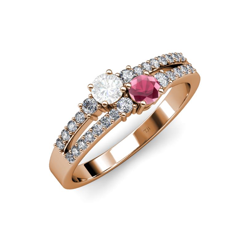 Zaira White Sapphire and Rhodolite Garnet with Side Diamonds Split Shank Ring 
