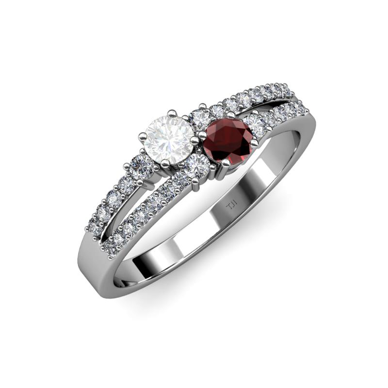 Zaira White Sapphire and Red Garnet with Side Diamonds Split Shank Ring 