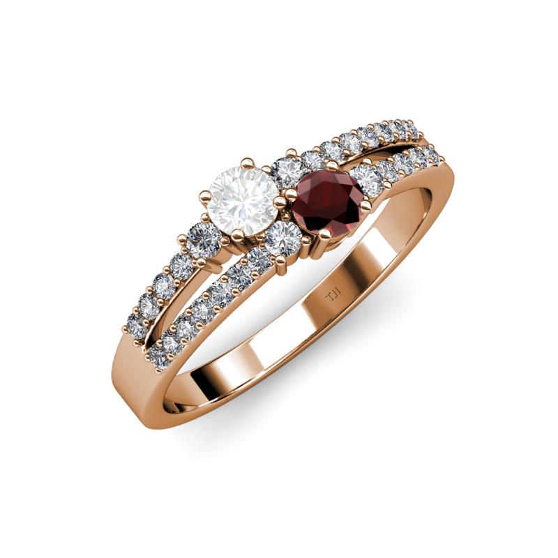 Zaira White Sapphire and Red Garnet with Side Diamonds Split Shank Ring 