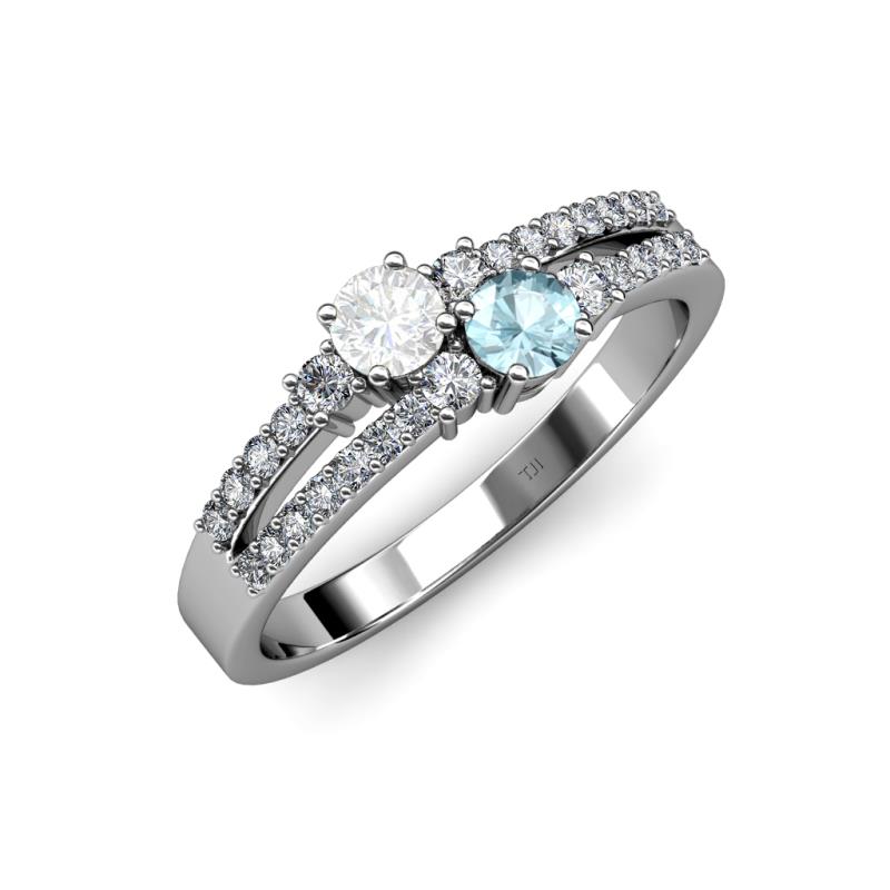 Zaira White Sapphire and Aquamarine with Side Diamonds Split Shank Ring 