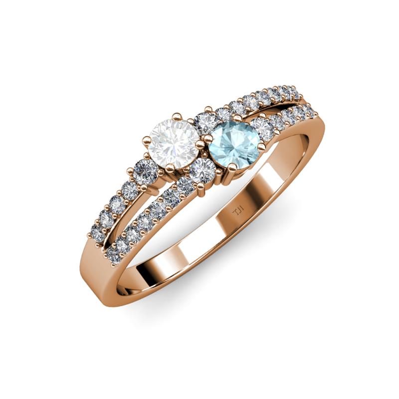 Zaira White Sapphire and Aquamarine with Side Diamonds Split Shank Ring 