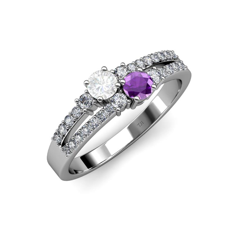 Zaira White Sapphire and Amethyst with Side Diamonds Split Shank Ring 