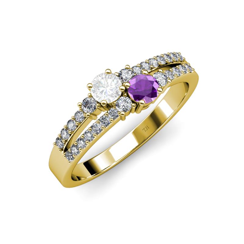 Zaira White Sapphire and Amethyst with Side Diamonds Split Shank Ring 