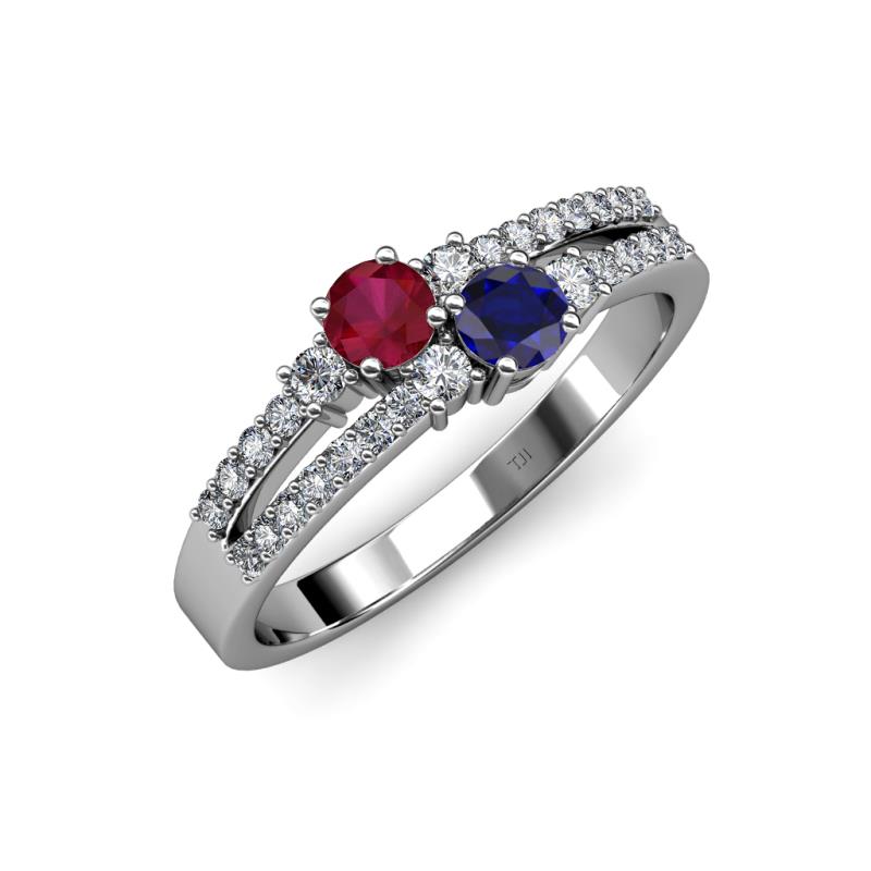 Zaira Ruby and Blue Sapphire with Side Diamonds Split Shank Ring 