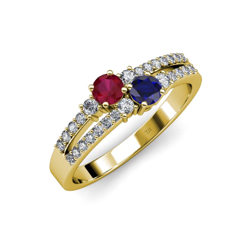 Zaira Ruby and Blue Sapphire with Side Diamonds Split Shank Ring 