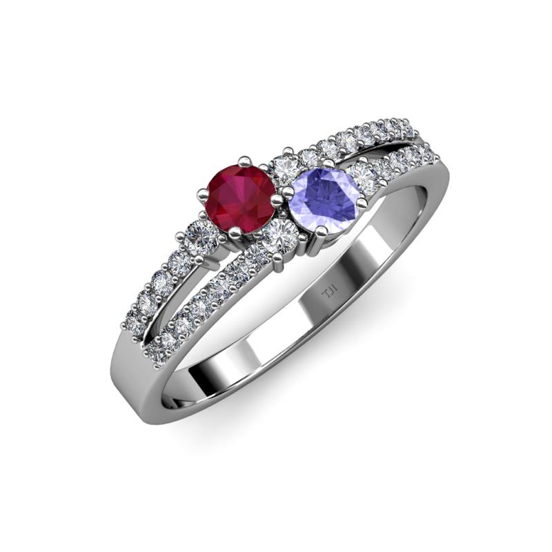 Zaira Ruby and Tanzanite with Side Diamonds Split Shank Ring 