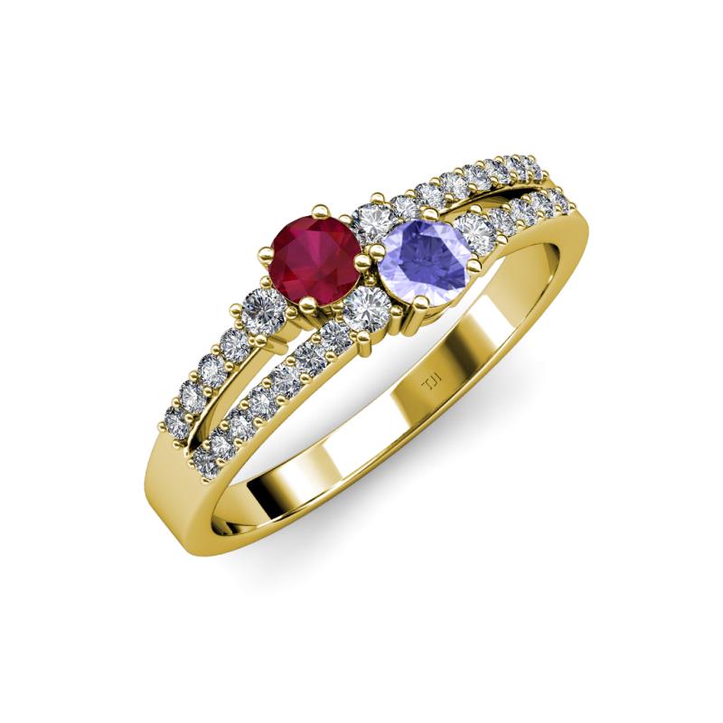 Zaira Ruby and Tanzanite with Side Diamonds Split Shank Ring 