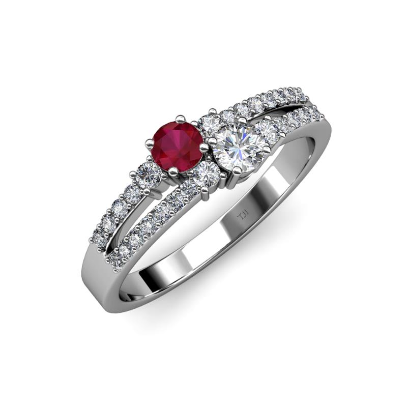 Zaira Ruby and Diamond with Side Diamonds Split Shank Ring 