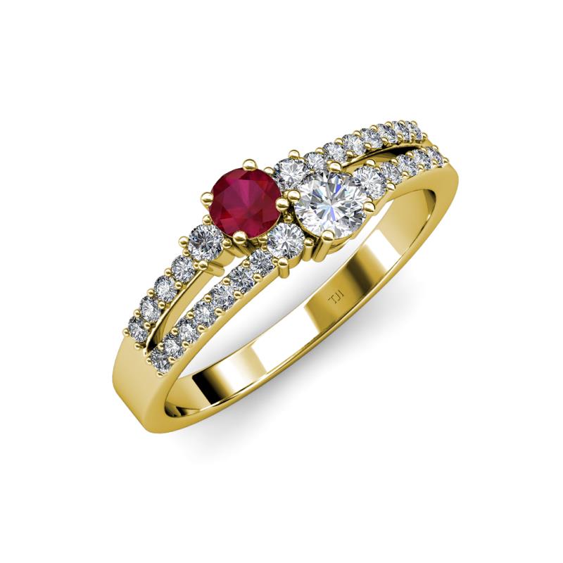 Zaira Ruby and Diamond with Side Diamonds Split Shank Ring 