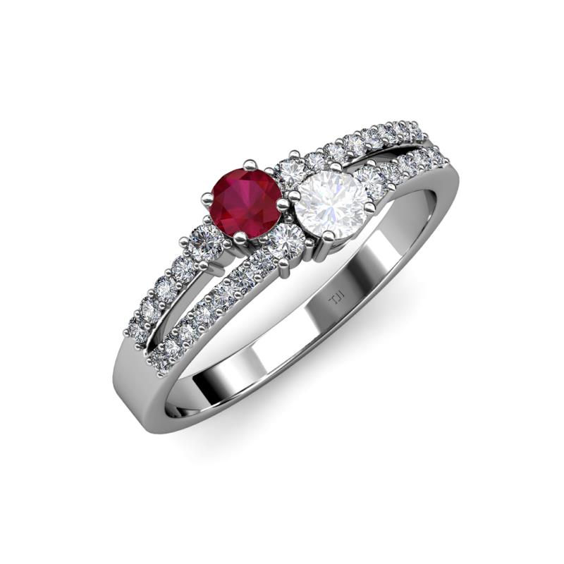 Zaira Ruby and White Sapphire with Side Diamonds Split Shank Ring 
