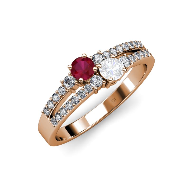 Zaira Ruby and White Sapphire with Side Diamonds Split Shank Ring 