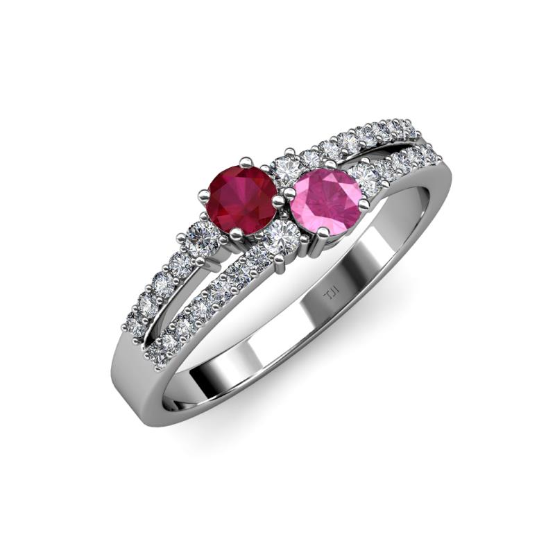 Zaira Ruby and Pink Sapphire with Side Diamonds Split Shank Ring 