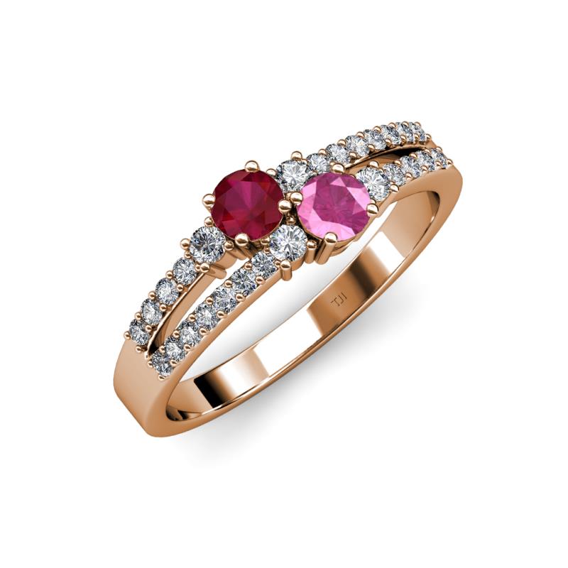 Zaira Ruby and Pink Sapphire with Side Diamonds Split Shank Ring 