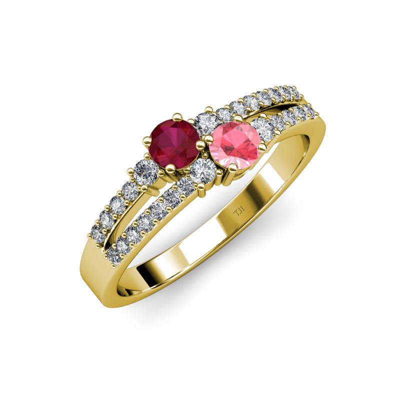 Zaira Ruby and Pink Tourmaline with Side Diamonds Split Shank Ring 