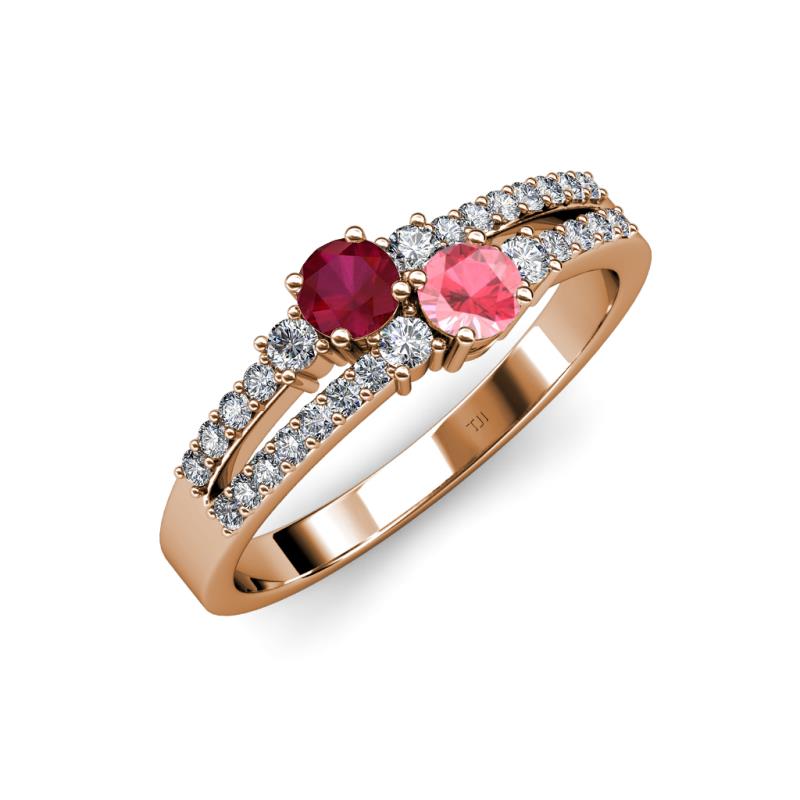 Zaira Ruby and Pink Tourmaline with Side Diamonds Split Shank Ring 