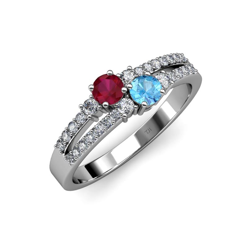 Zaira Ruby and Blue Topaz with Side Diamonds Split Shank Ring 
