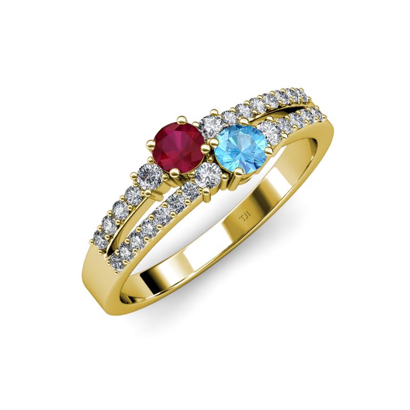 Zaira Ruby and Blue Topaz with Side Diamonds Split Shank Ring 