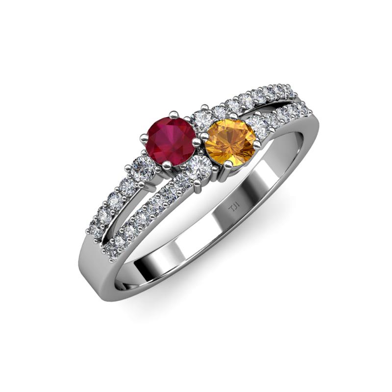Zaira Ruby and Citrine with Side Diamonds Split Shank Ring 
