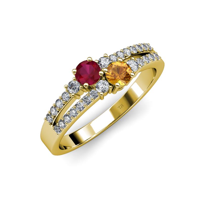 Zaira Ruby and Citrine with Side Diamonds Split Shank Ring 