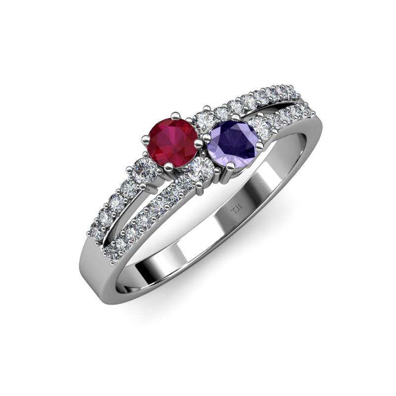 Zaira Ruby and Iolite with Side Diamonds Split Shank Ring 