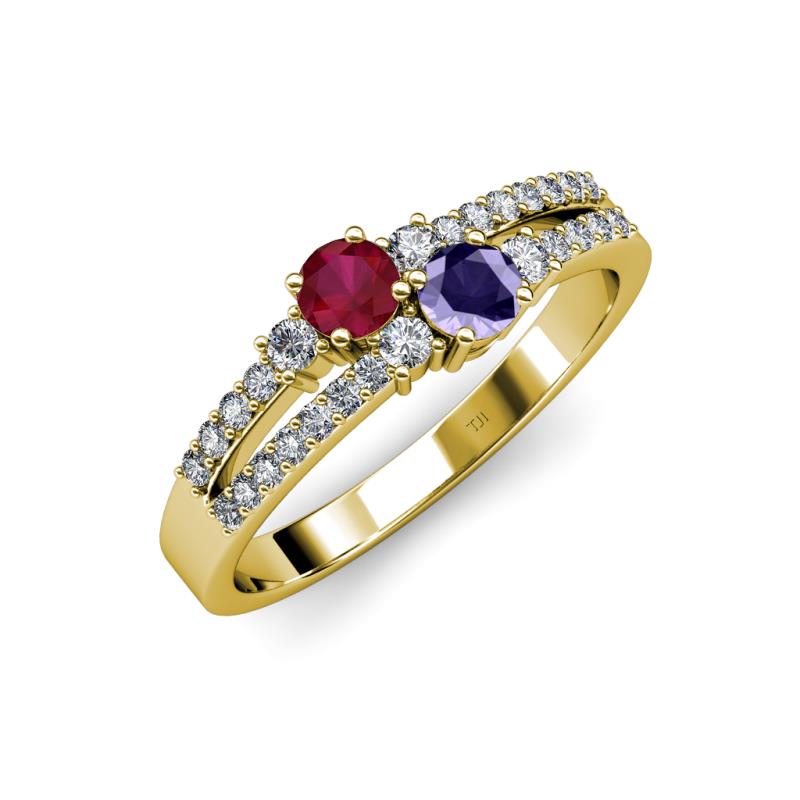 Zaira Ruby and Iolite with Side Diamonds Split Shank Ring 