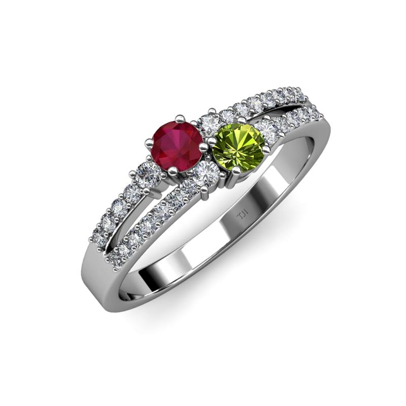 Zaira Ruby and Peridot with Side Diamonds Split Shank Ring 