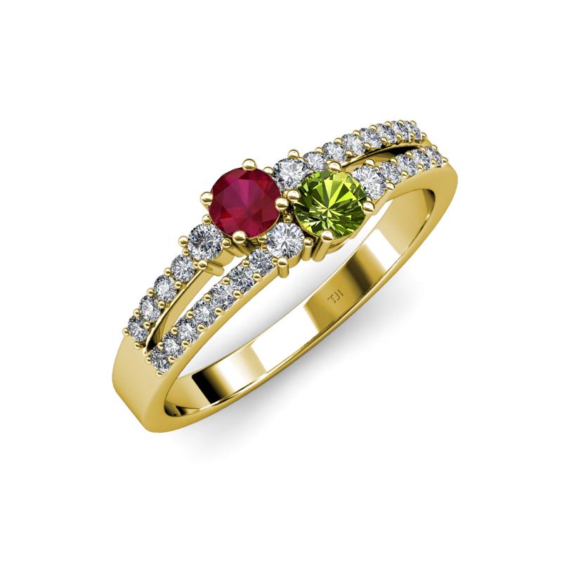 Zaira Ruby and Peridot with Side Diamonds Split Shank Ring 