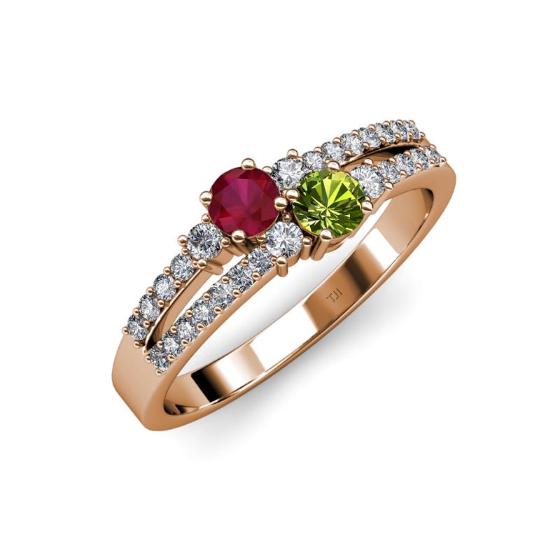 Zaira Ruby and Peridot with Side Diamonds Split Shank Ring 