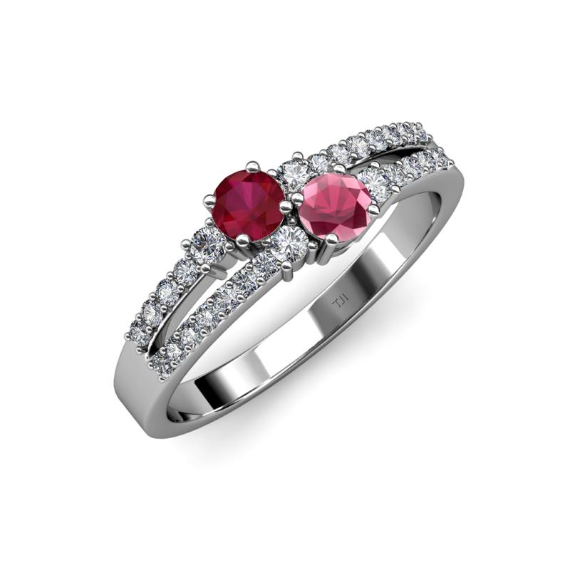Zaira Ruby and Rhodolite Garnet with Side Diamonds Split Shank Ring 